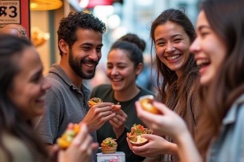 Group of travelers laughing during a street food tour.