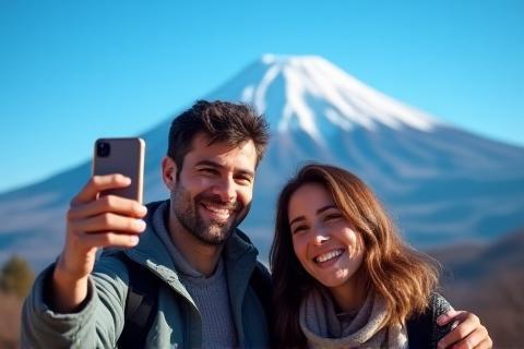 Two travelers taking a selfie in front of Mount Fuji.