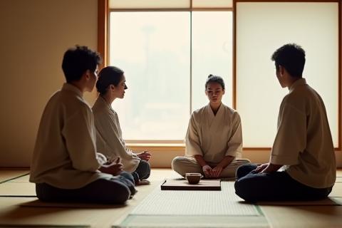 Travelers participating in a tea ceremony.