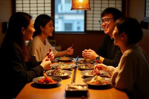 Group enjoying dinner at a traditional restaurant.