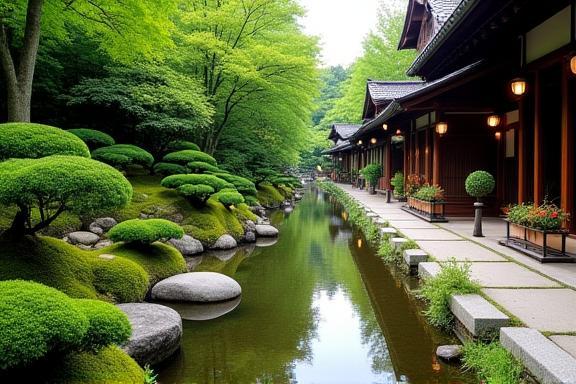 Scenic view of a traditional Japanese garden or street scene.