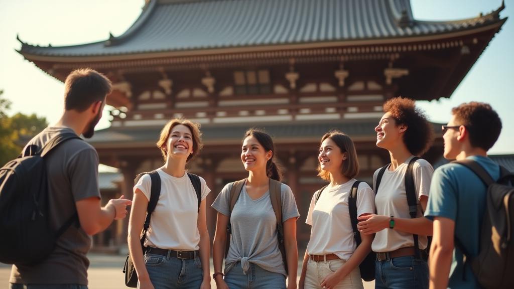 Diverse group of travelers smiling and exploring a traditional Japanese temple.