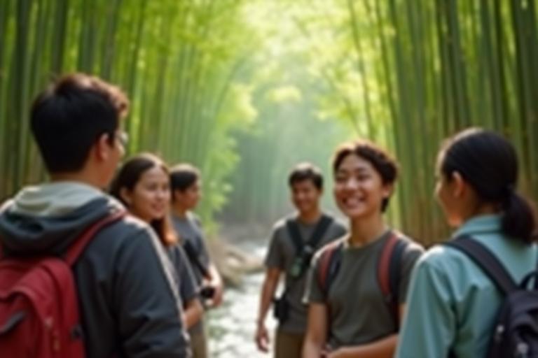 Nippon Explorer guide smiling and talking with a small group of travelers in a scenic location.